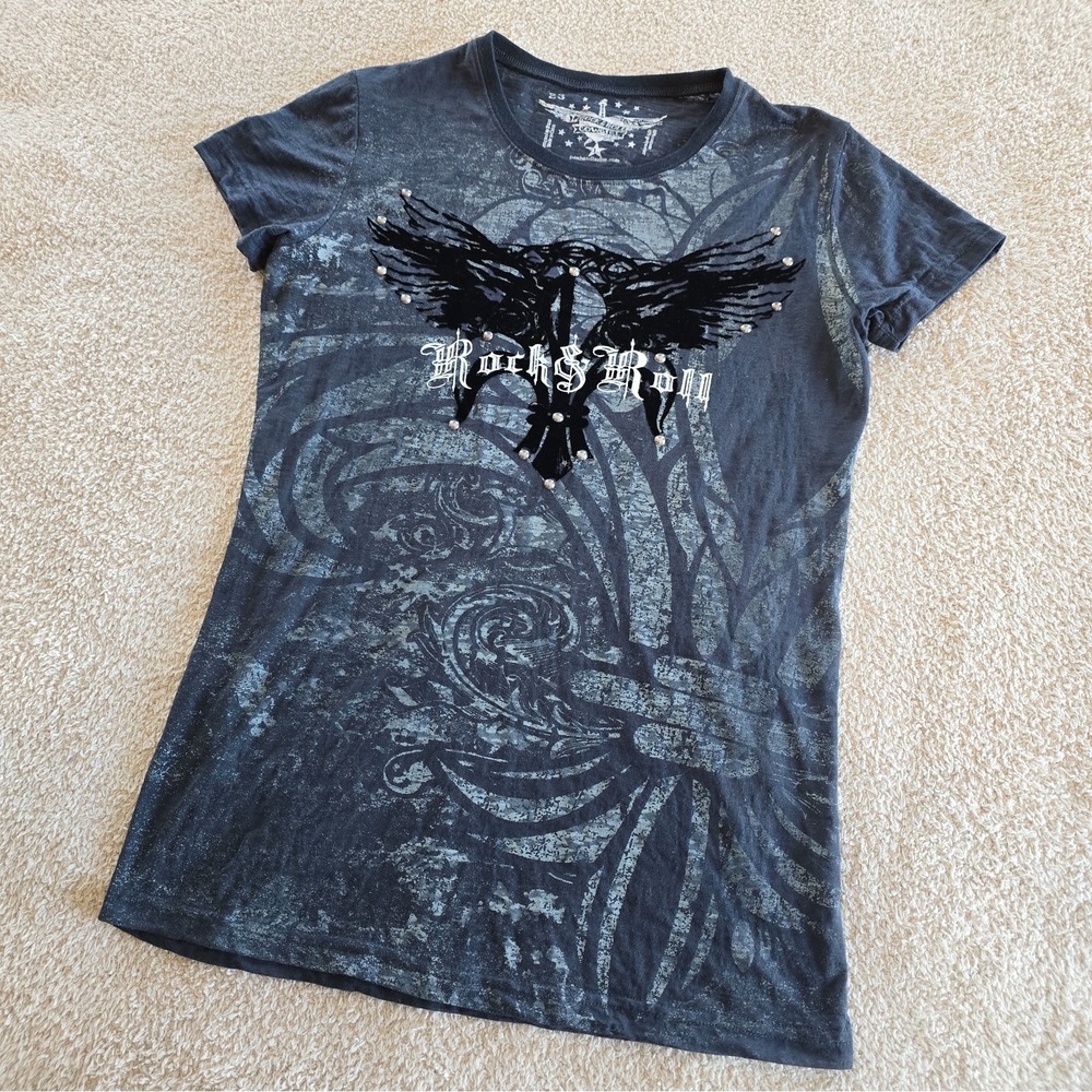 Y2K Rock & Roll Cowgirl Burnout Graphic Tee Studded Cross Wings Whimsigoth Sz L